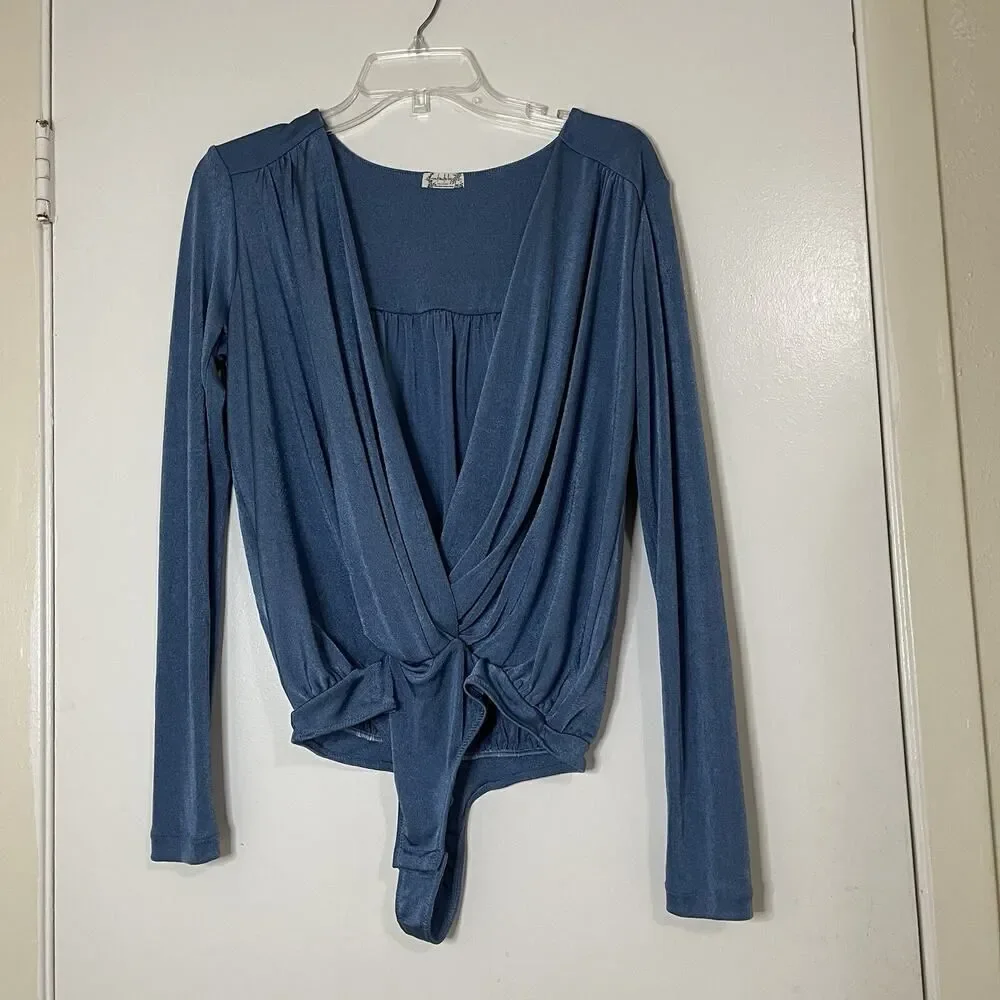 Free People intimately turnt sheen blue long sleeve plunge bodysuit Medium